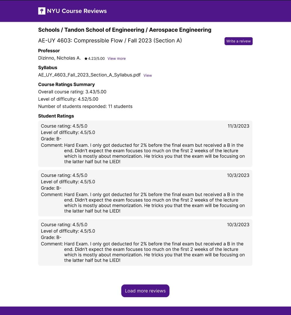 NYU Course Reviews course page