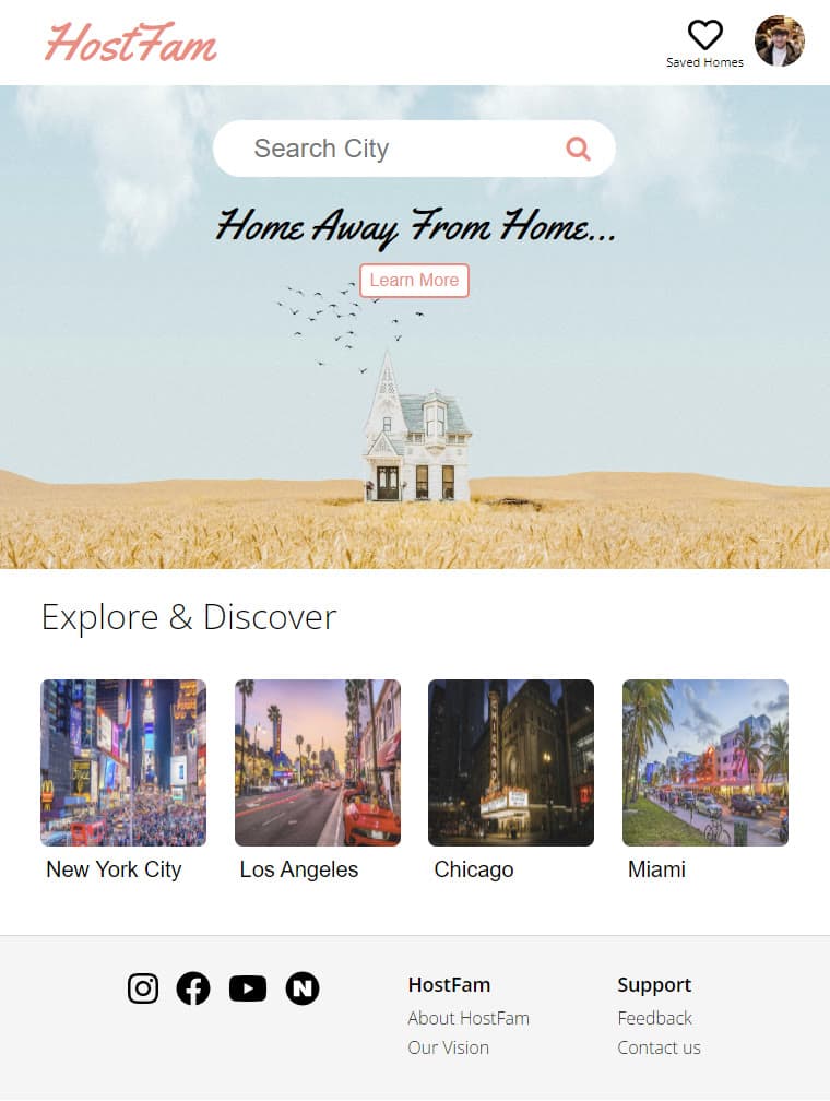 HostFam home screen with city search